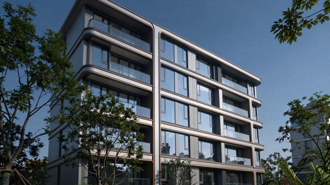Modern apartment building with trees and blue sky.