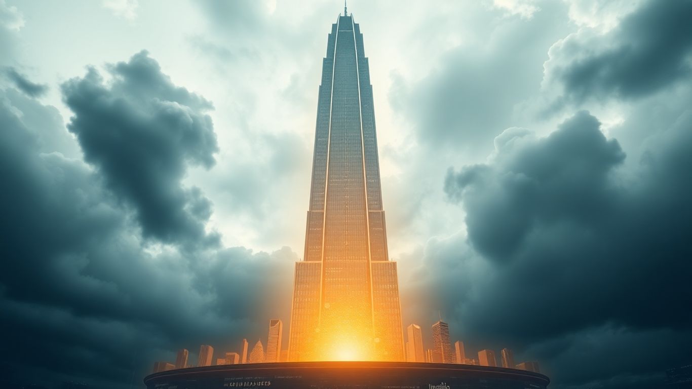 Skyscraper overlooking abstract financial market