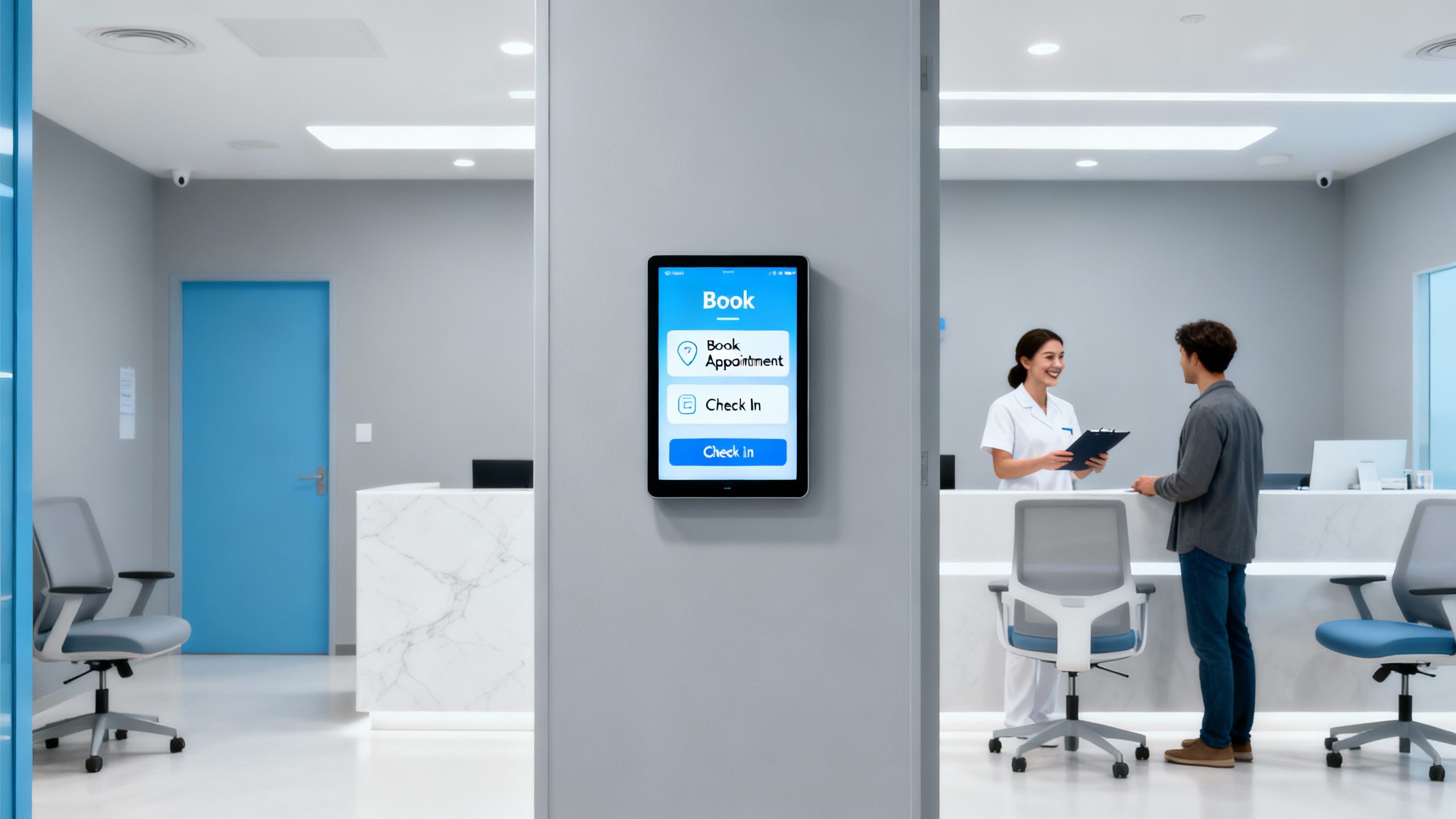 Clinic booking automation interface on a digital screen.