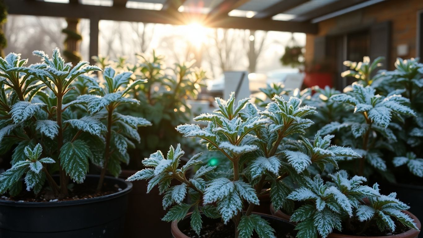 Pflanzen im Topf mit Frost im Winter draußen.