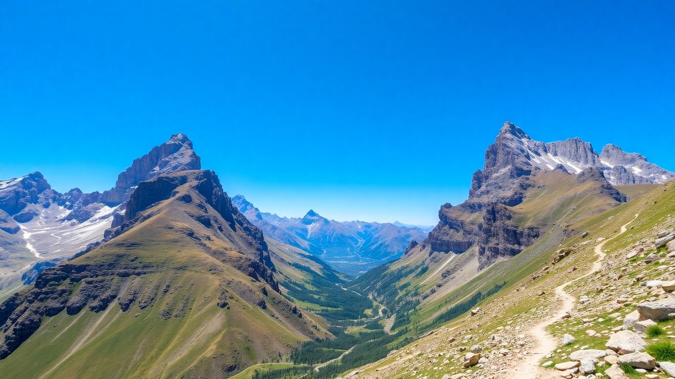 Górski krajobraz Kirgistanu ze szlakiem trekkingowym.