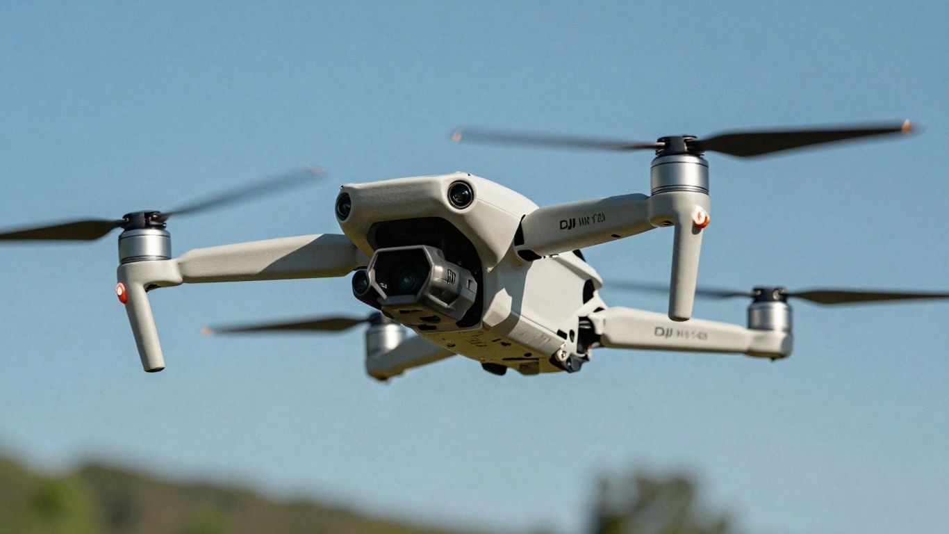 DJI Mini 3 drone flying in a blue sky.