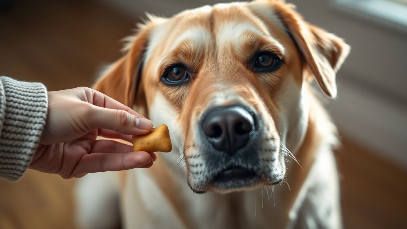 Calm dog eating a calming treat from owner's hand.