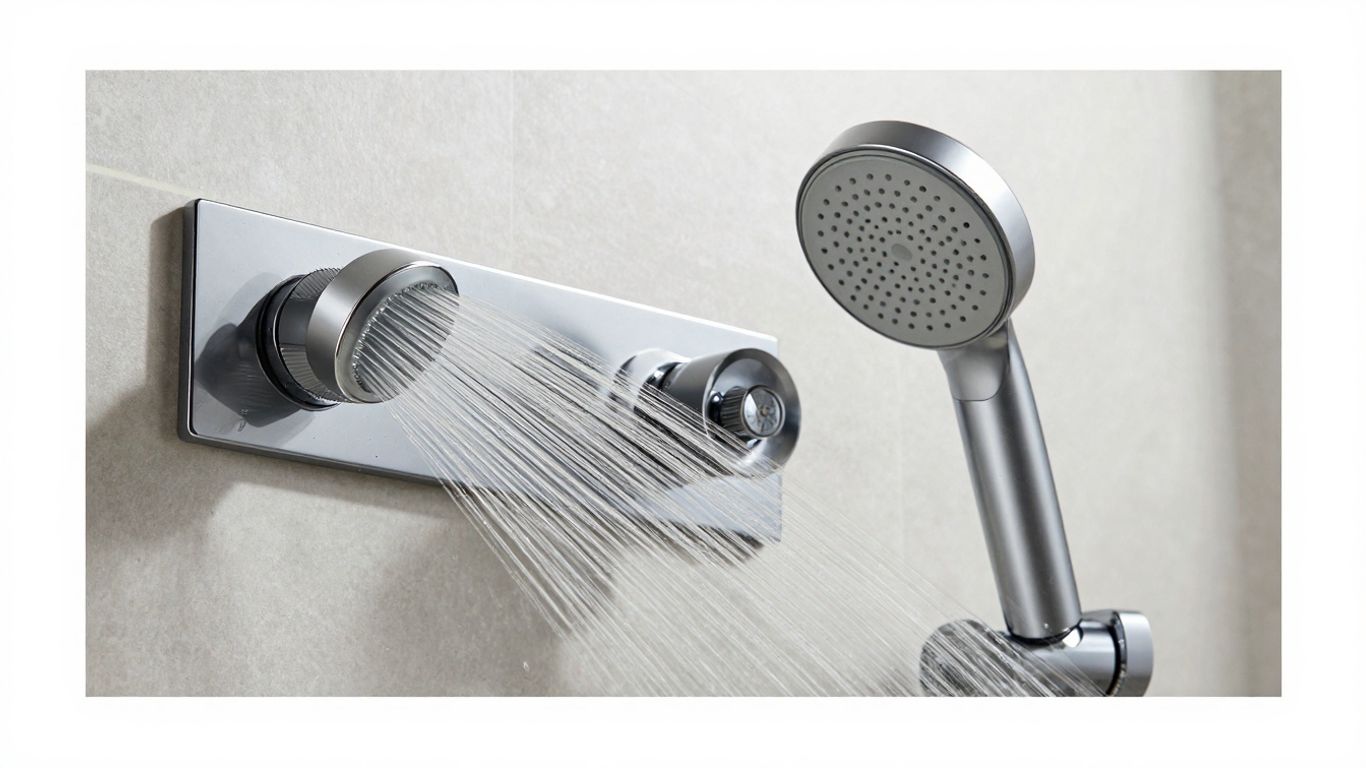 Sleek concealed shower valve with water stream.