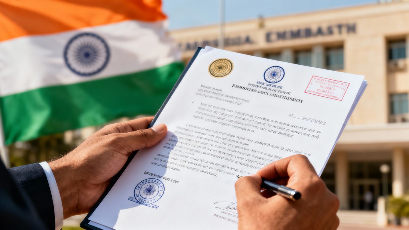 Indian Embassy Power of Attorney document being signed.