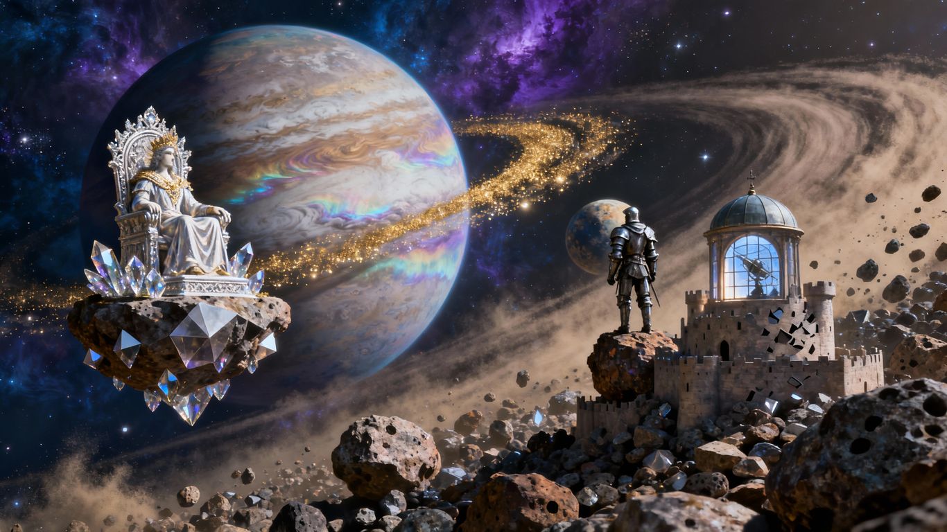 Planets depicted as regal figures in celestial settings.