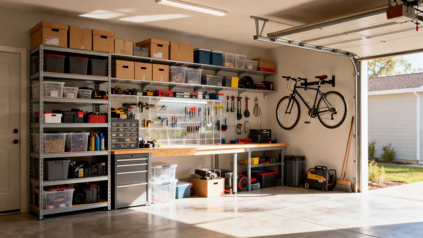 Garage with organized storage solutions and tools.