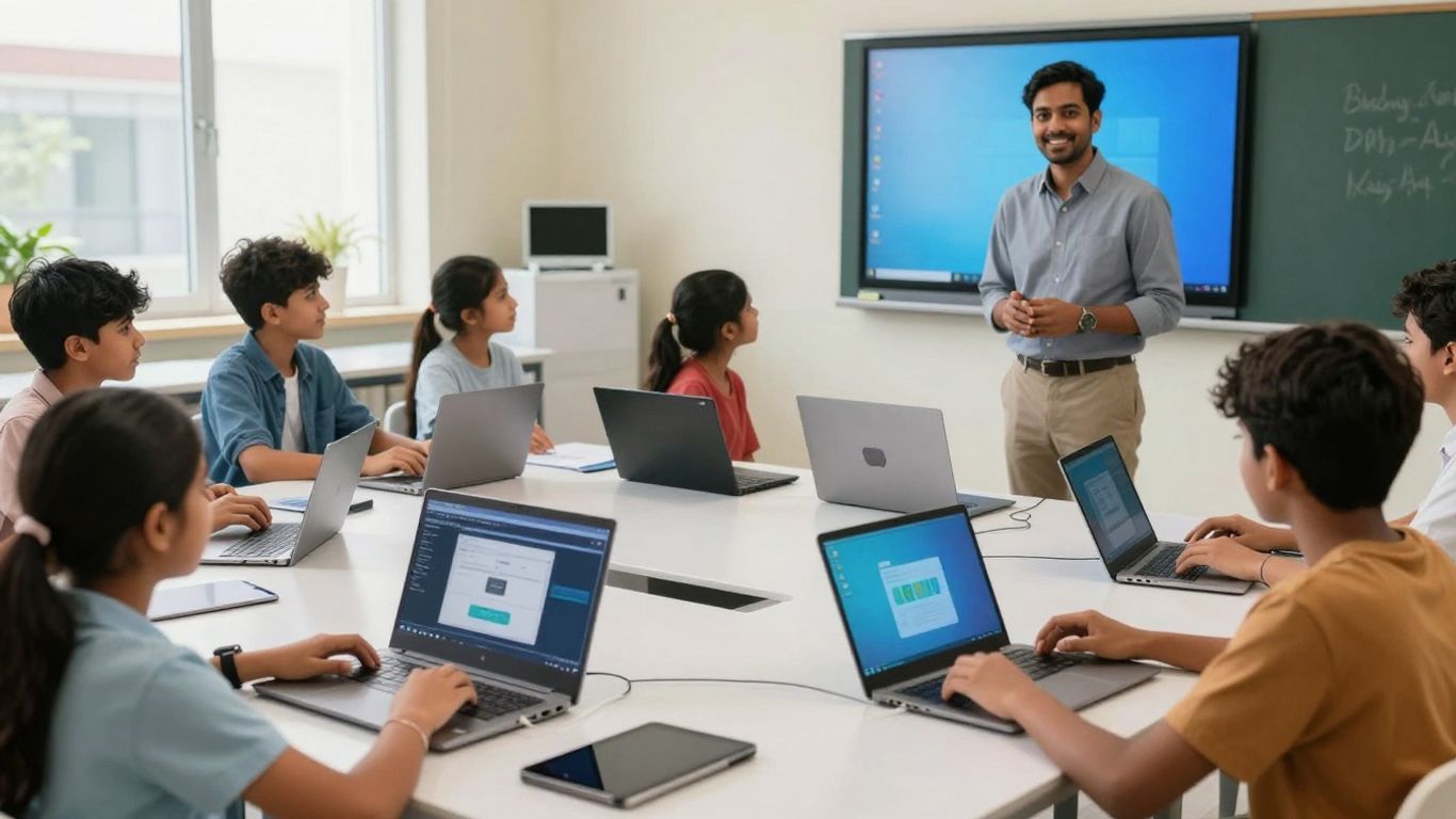 Students using modern technology in a bright classroom.