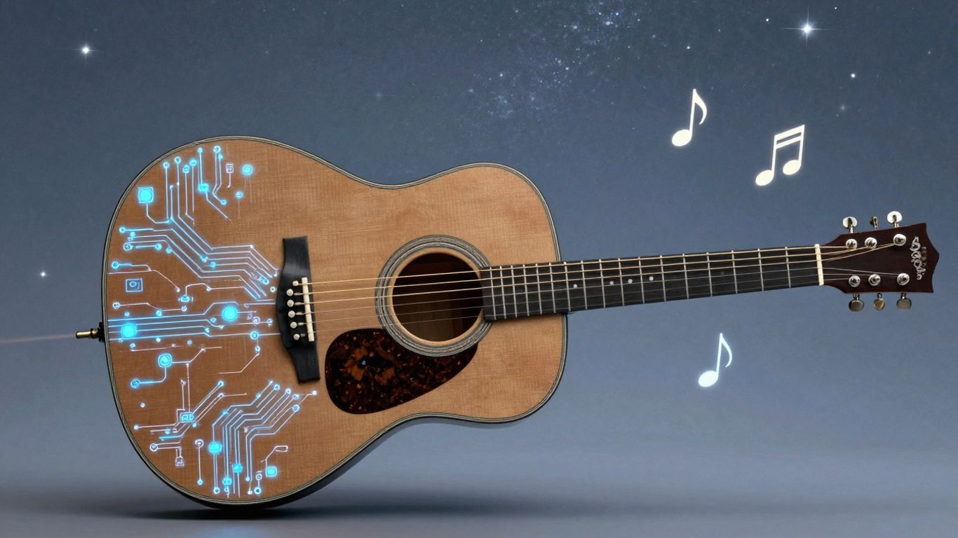 Acoustic guitar fused with digital circuits under a starry sky.