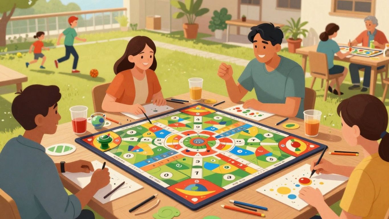 Adults enjoying diverse playful activities, looking happy and engaged.