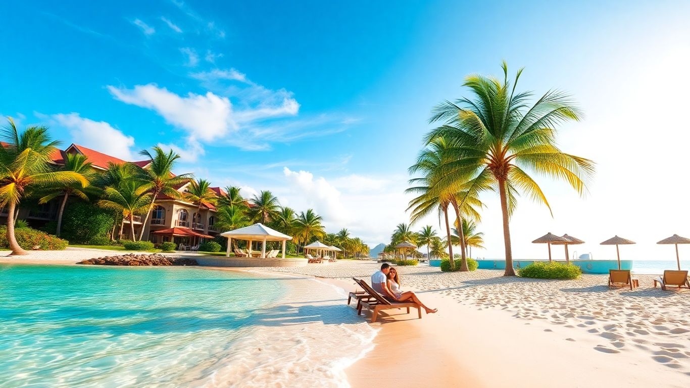 Tropical beach vacation with resort and clear water.