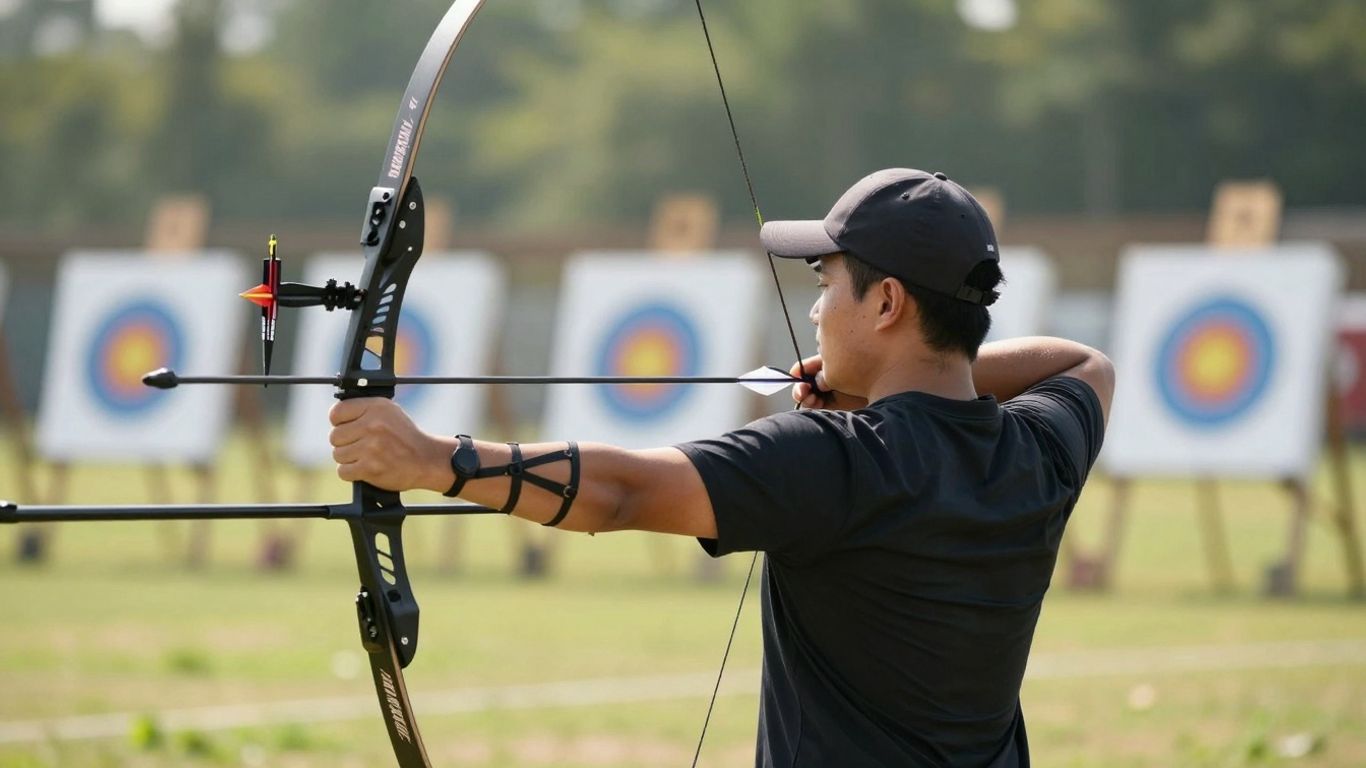 Archer aiming bow and arrow at target.