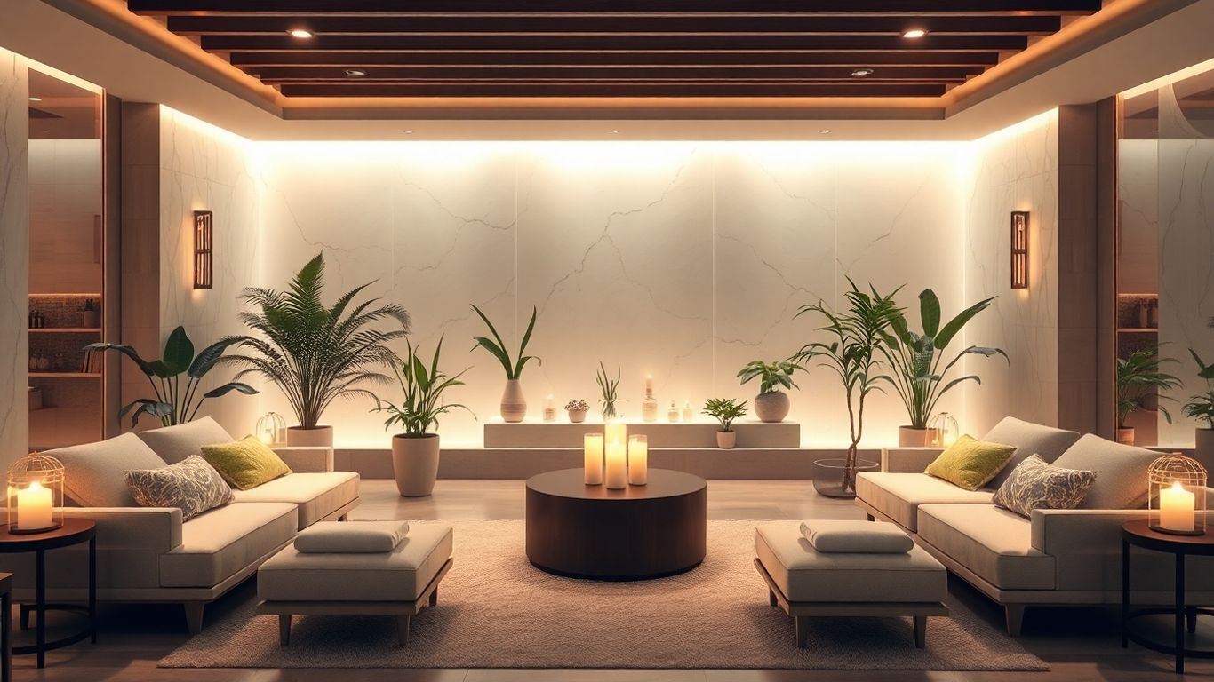 Serene spa interior with plush seating and plants.