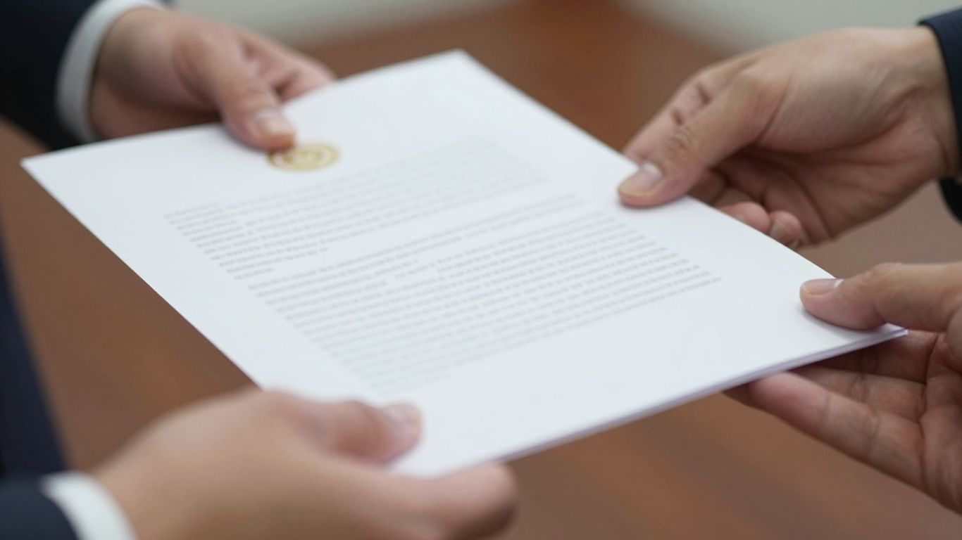 Hands exchanging legal documents, one with a seal.