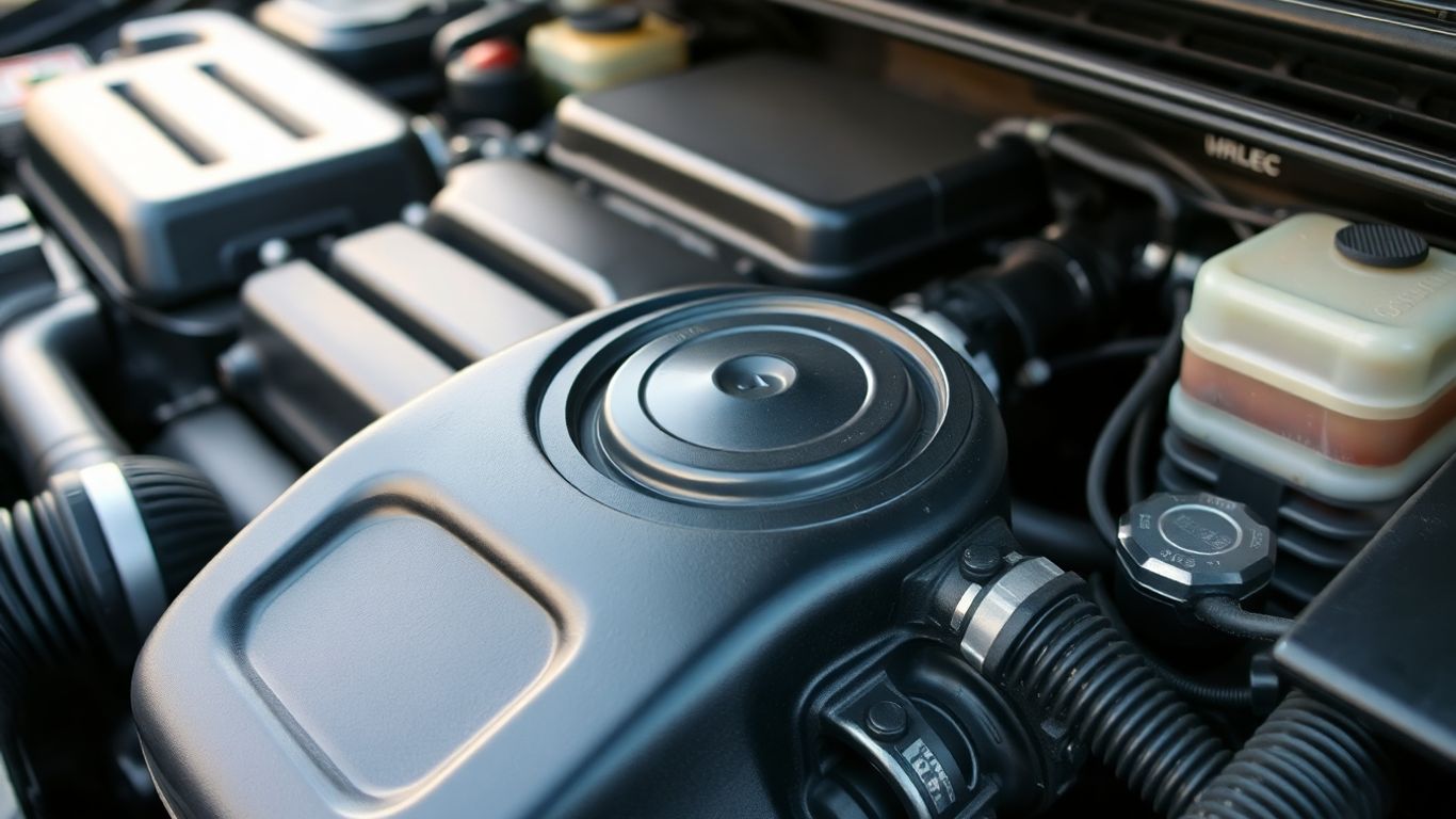 Car engine bay with focus on fuel intake.