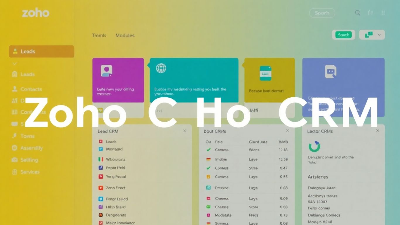 Zoho CRM interface with leads, contacts, and deals.