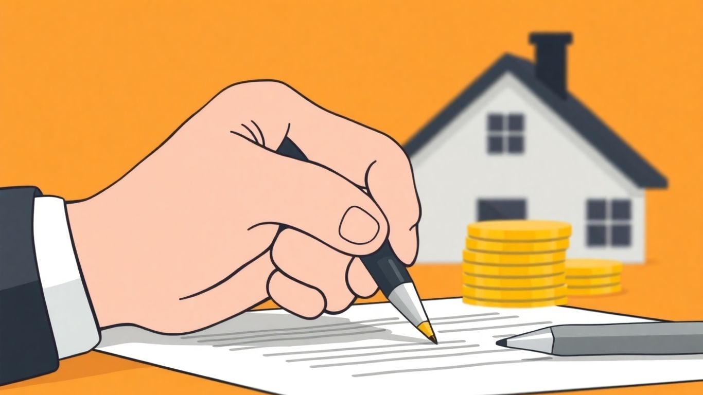 Cartoon hand signing a document with coins and house.
