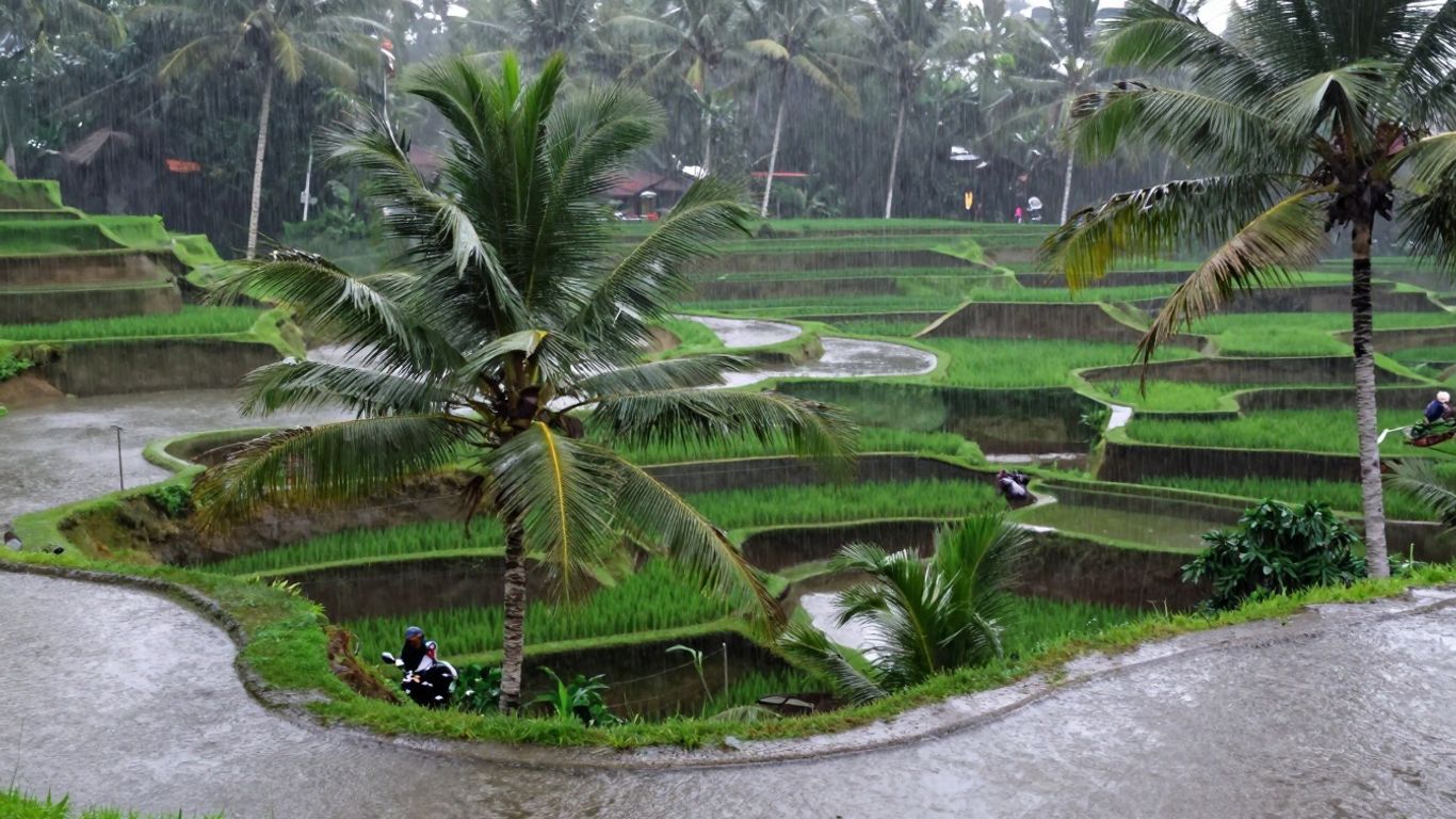 Rainy Bali rice terraces with lush greenery and palm trees.