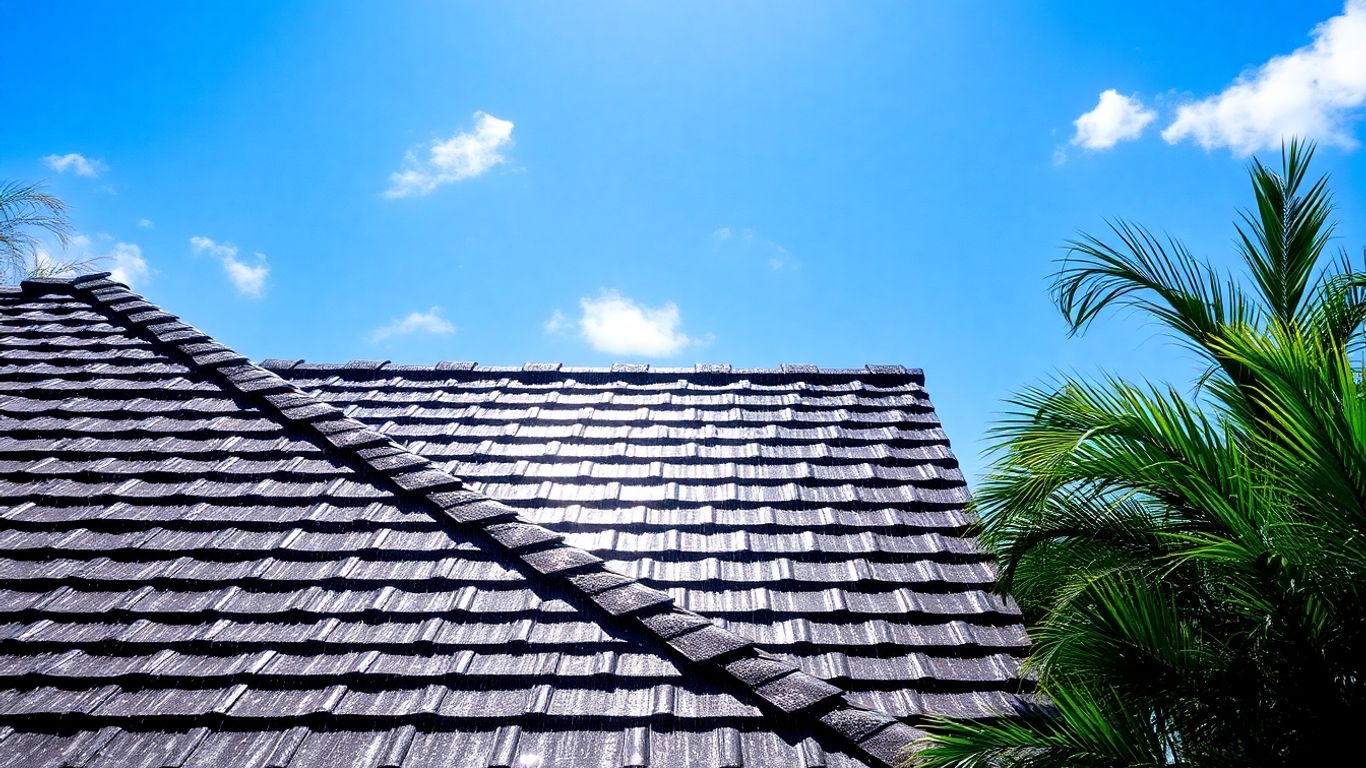 Florida home roof after rain with blue sky.