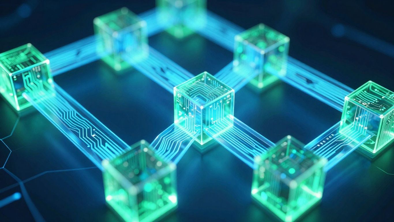 Interconnected digital blocks forming a glowing blockchain.