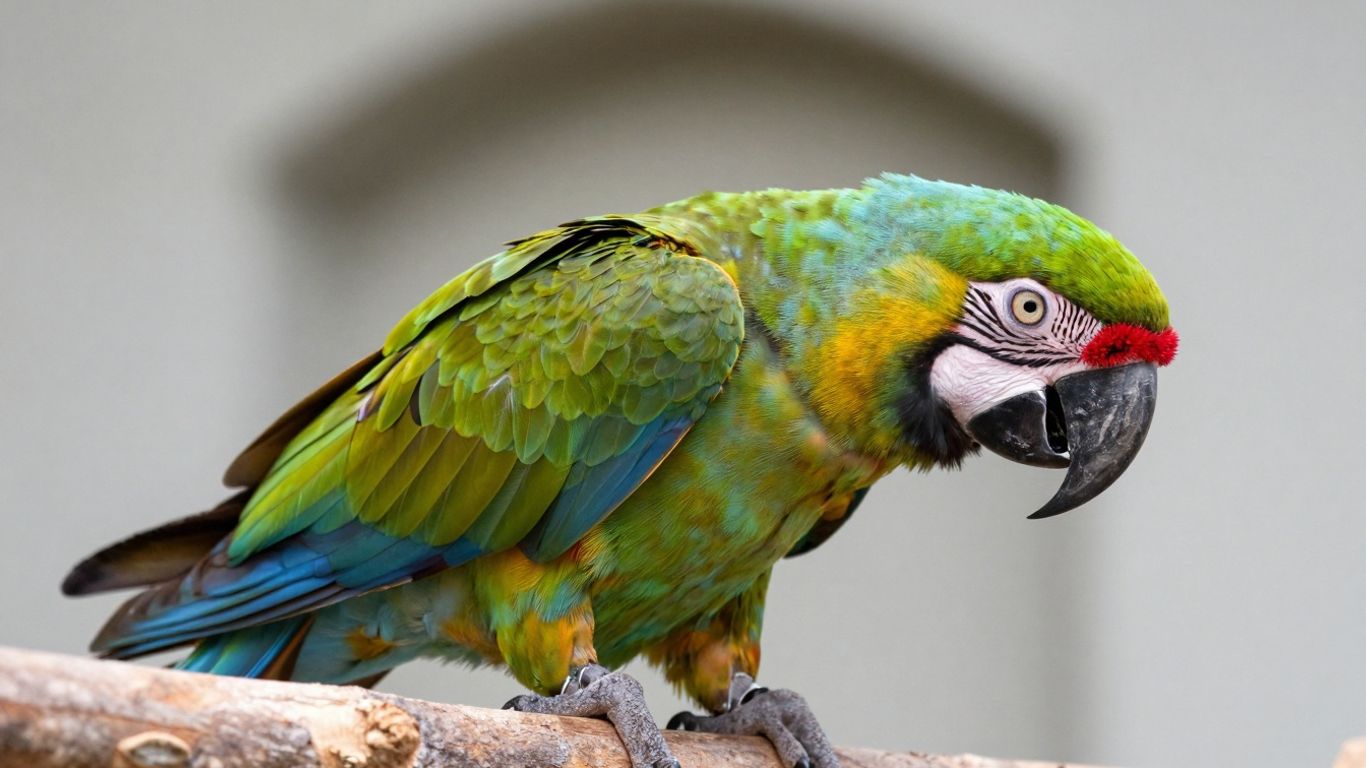 A colorful Hahns macaw perched on a branch.