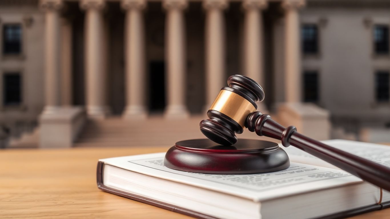 Gavel on legal book with courthouse background.