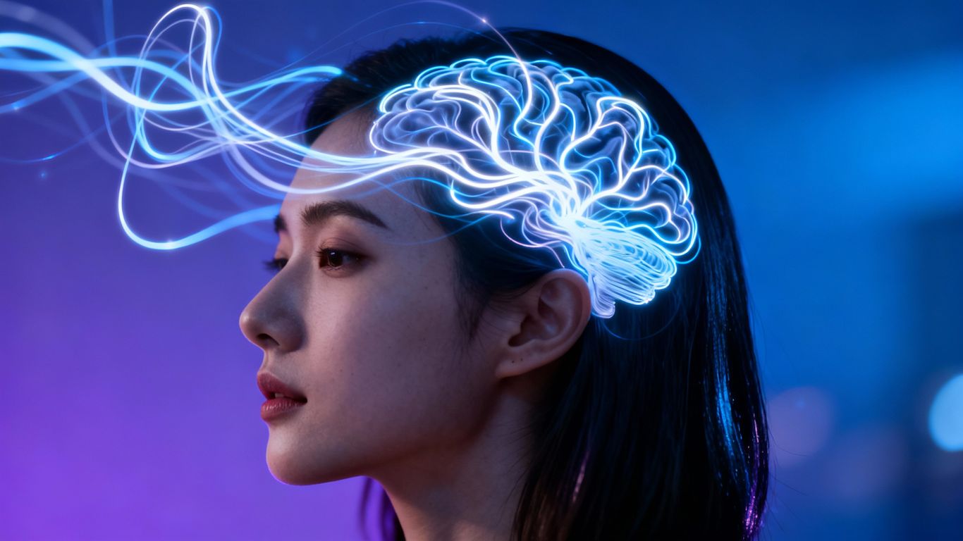 Person's head with abstract light trails from brain.