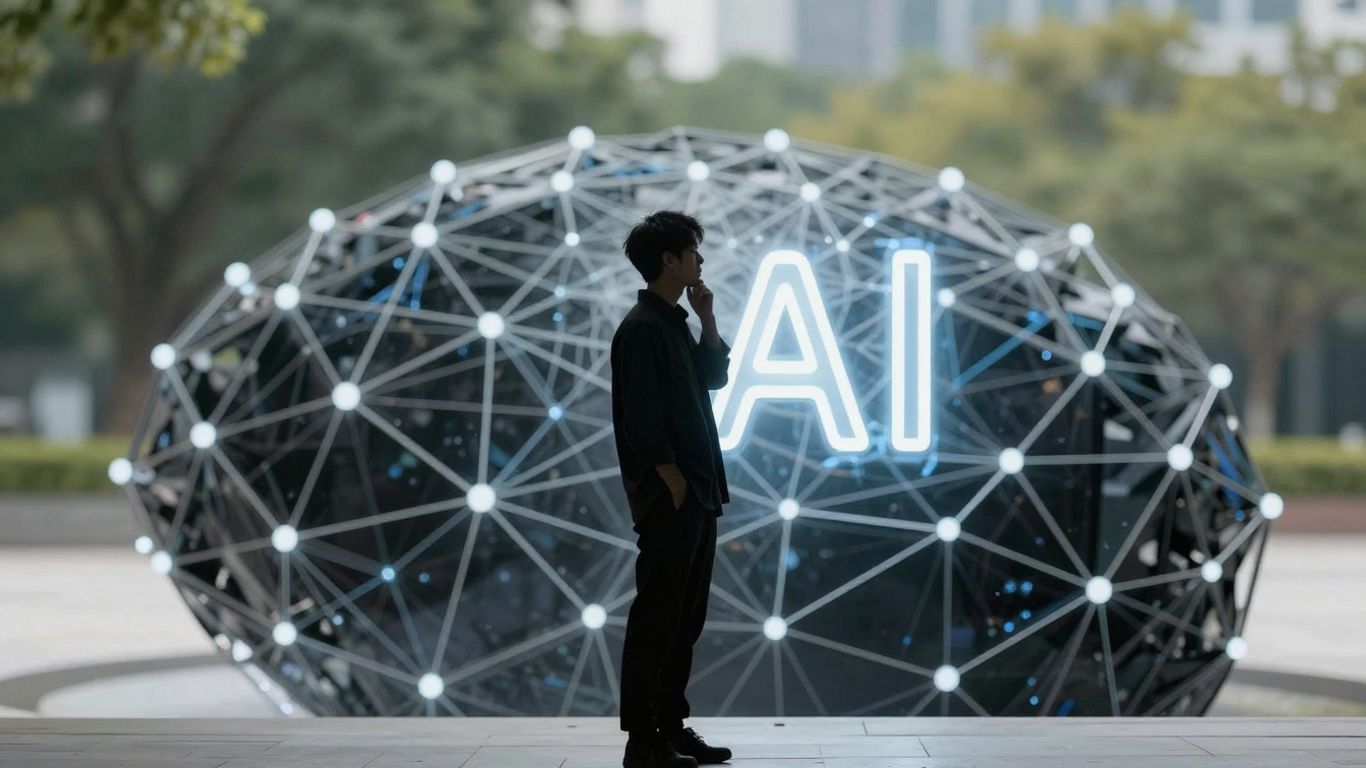 Human contemplating advanced AI network.