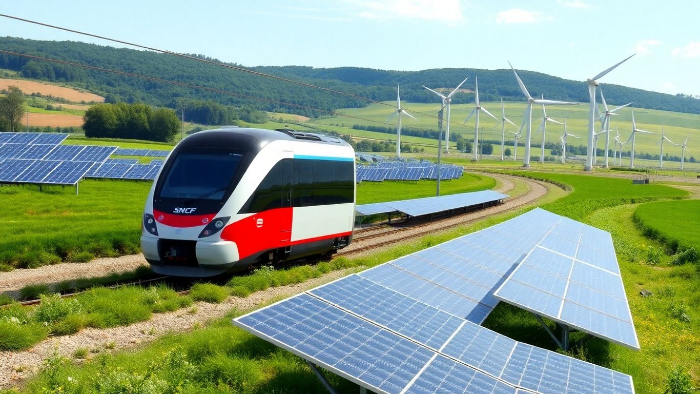 Train SNCF devant éoliennes et panneaux solaires dans la campagne.