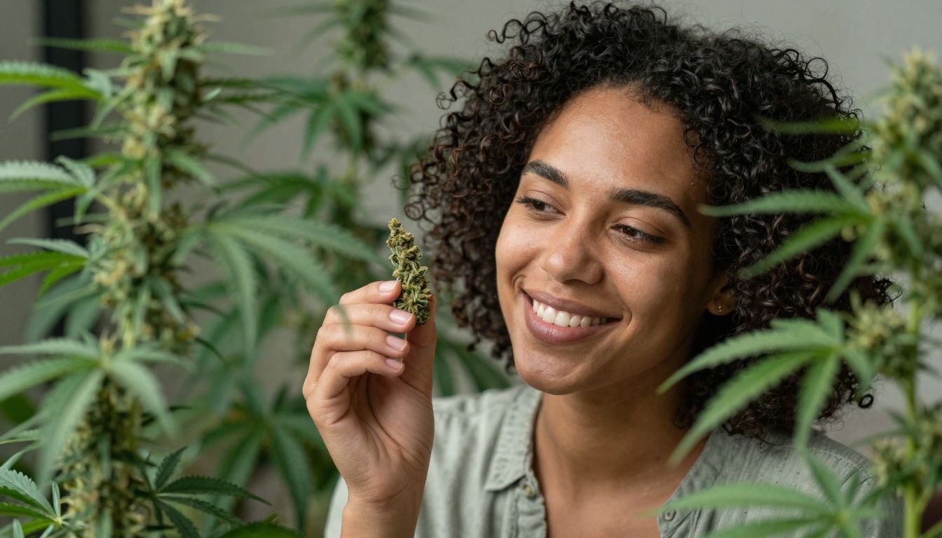 Woman holding cannabis product with marijuana plants.