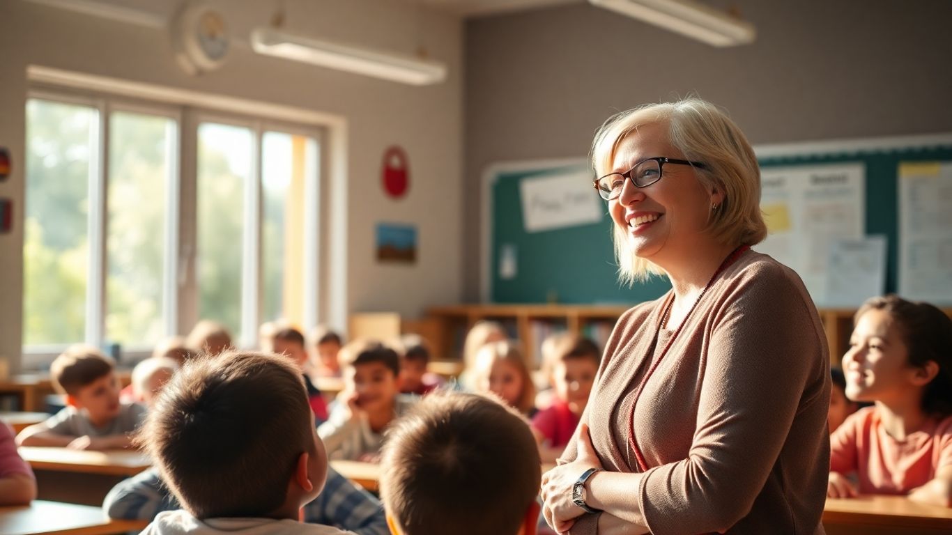 Lehrerin spricht zu Schülern in einem positiven Lernumfeld.