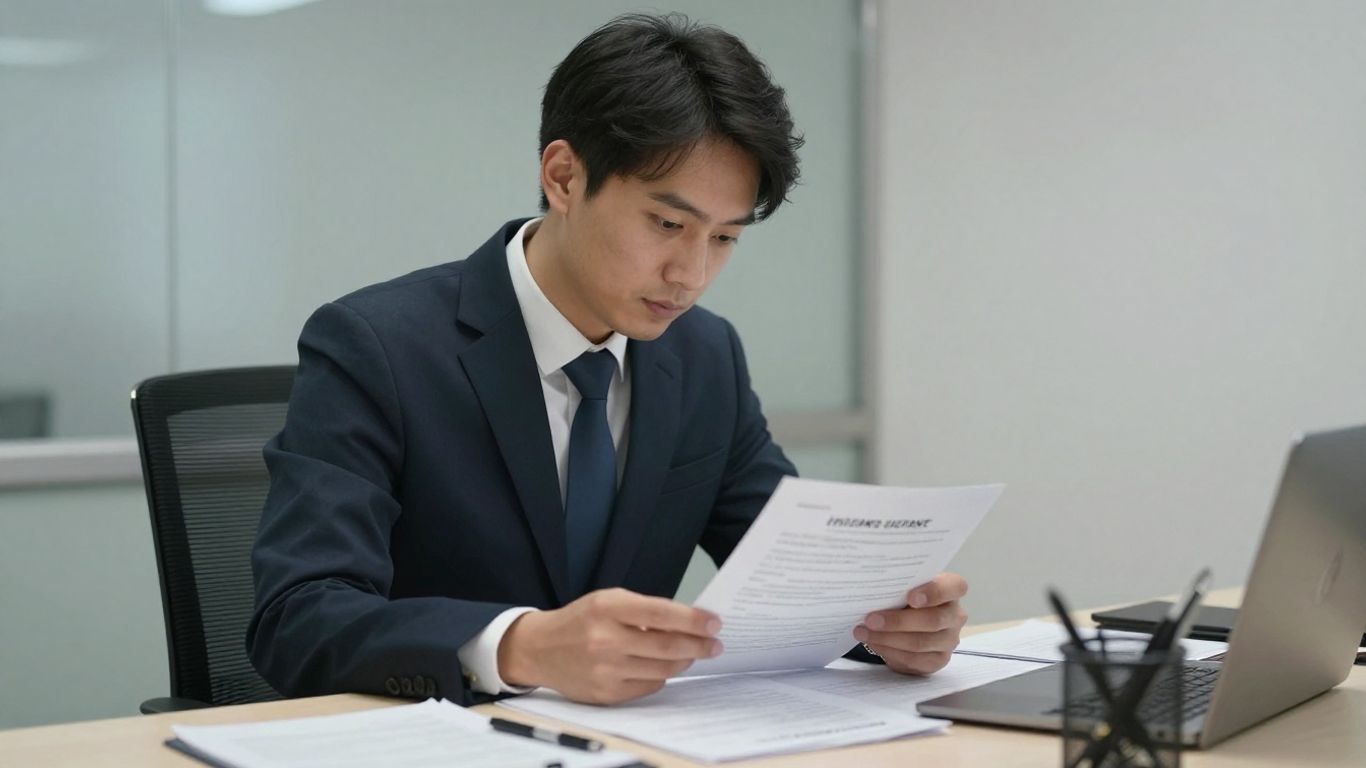 Insurance underwriter examining documents at a desk.
