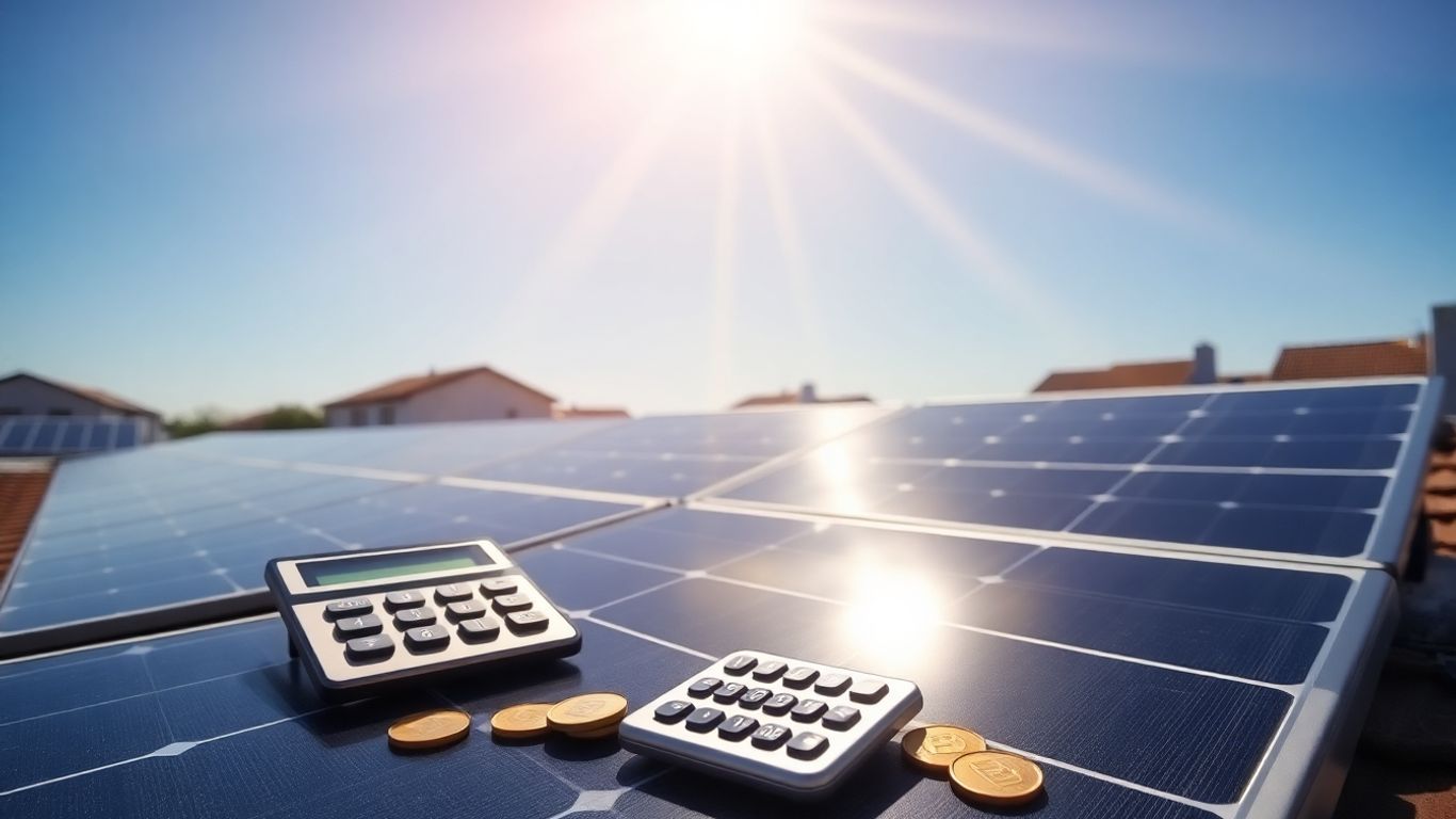 Panneaux solaires et pièces d'euro sous ciel bleu.