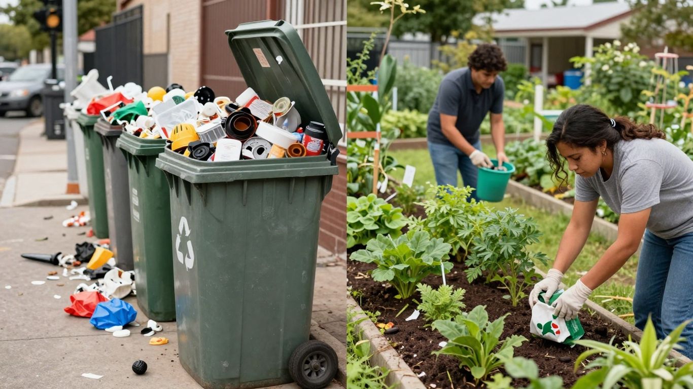 Oameni sortând gunoiul și grădină urbană.