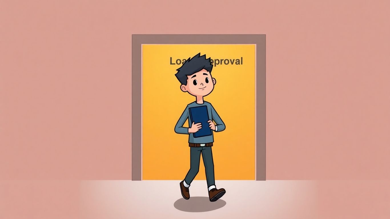 Student confidently walking towards loan approval door.
