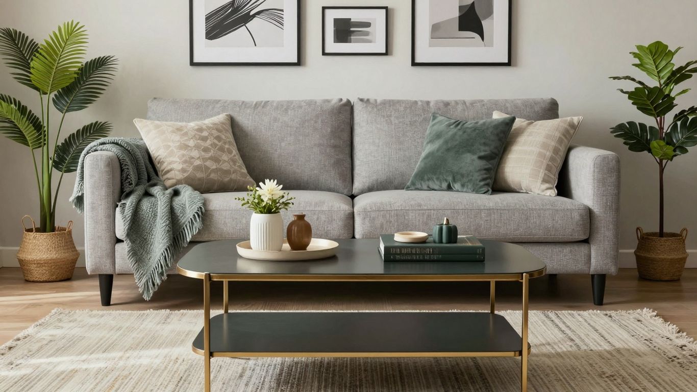 Stylish Airbnb living room with modern furniture.