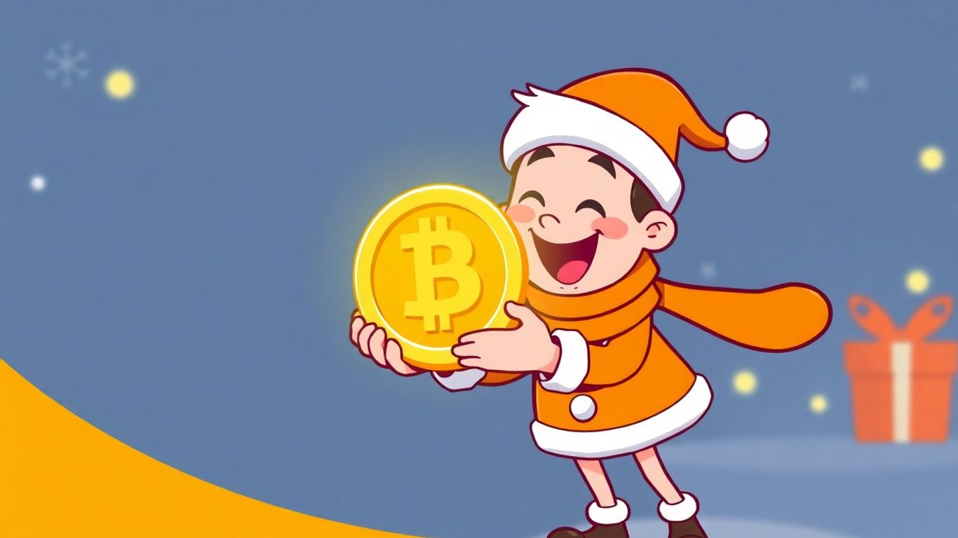 Cartoon character holding a glowing coin with holiday decorations.