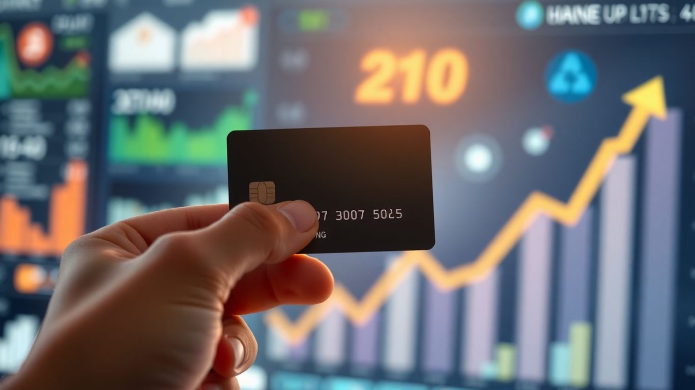 Mão segurando cartão de crédito com fundo digital.