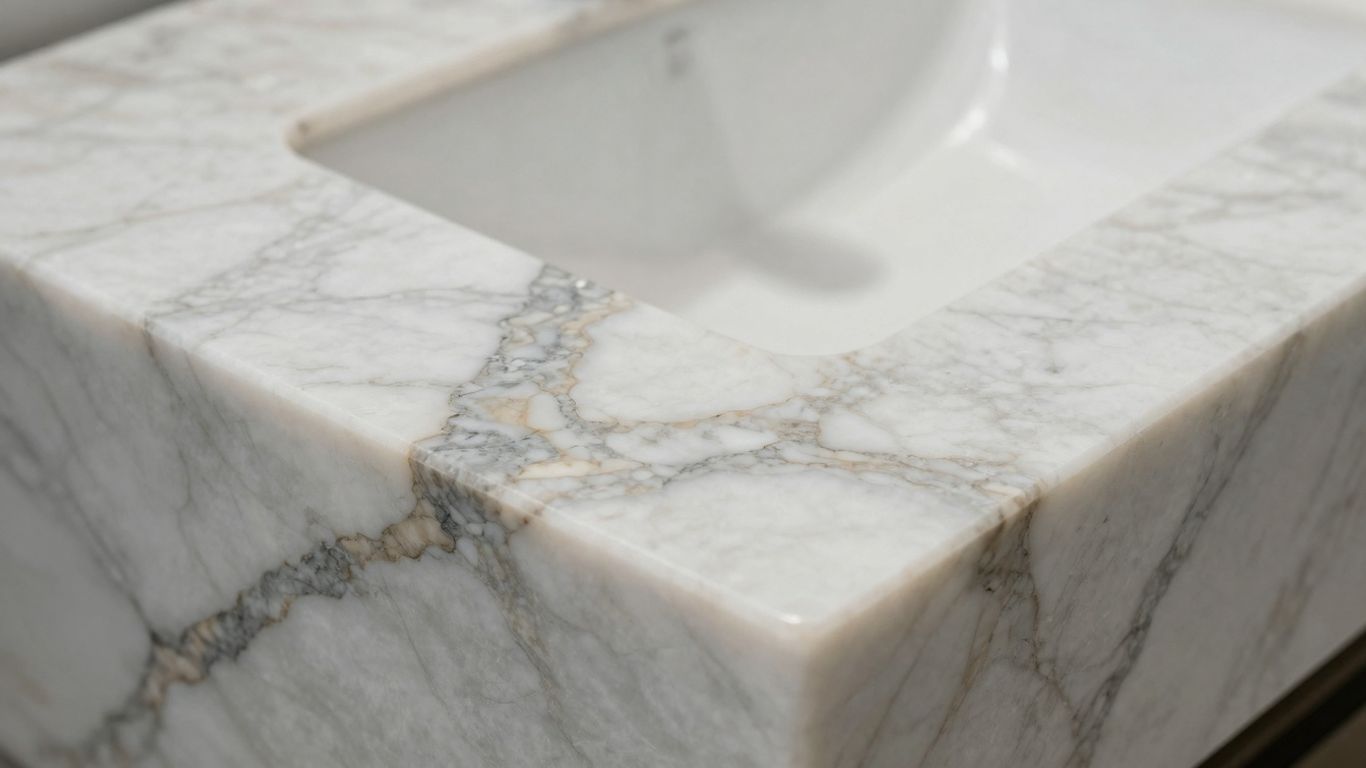 Polished white dolomite marble surface with subtle grey veins.