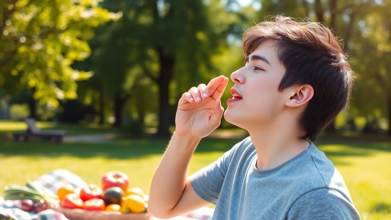 Adult respirând adânc într-un parc cu fructe și legume.