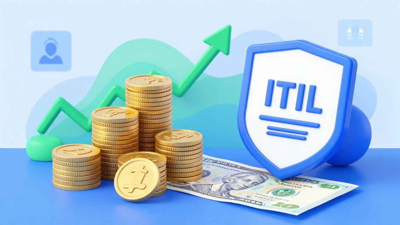ITIL certification costs infographic with coins and badge.