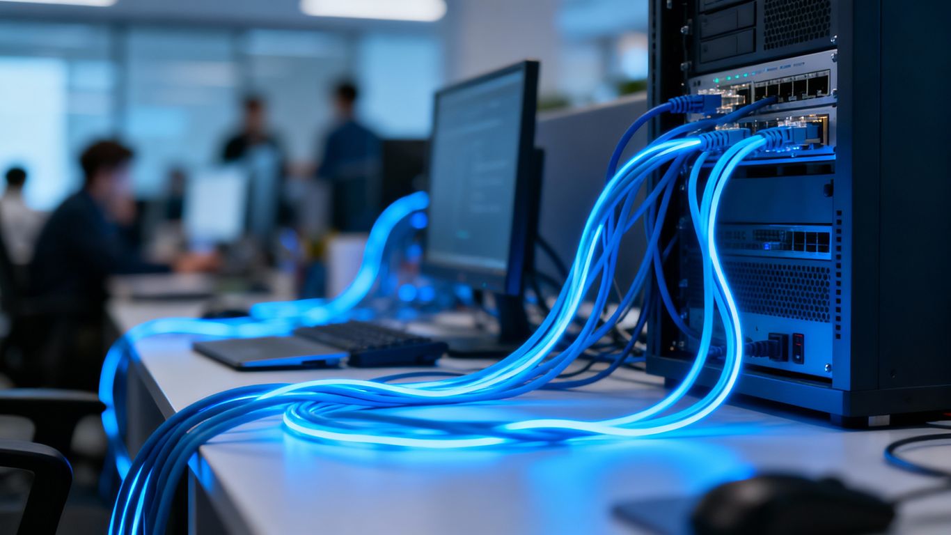 Business network cables connecting devices in an office.