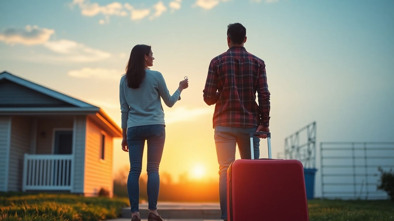 Maison et couple se préparant à un nouveau départ