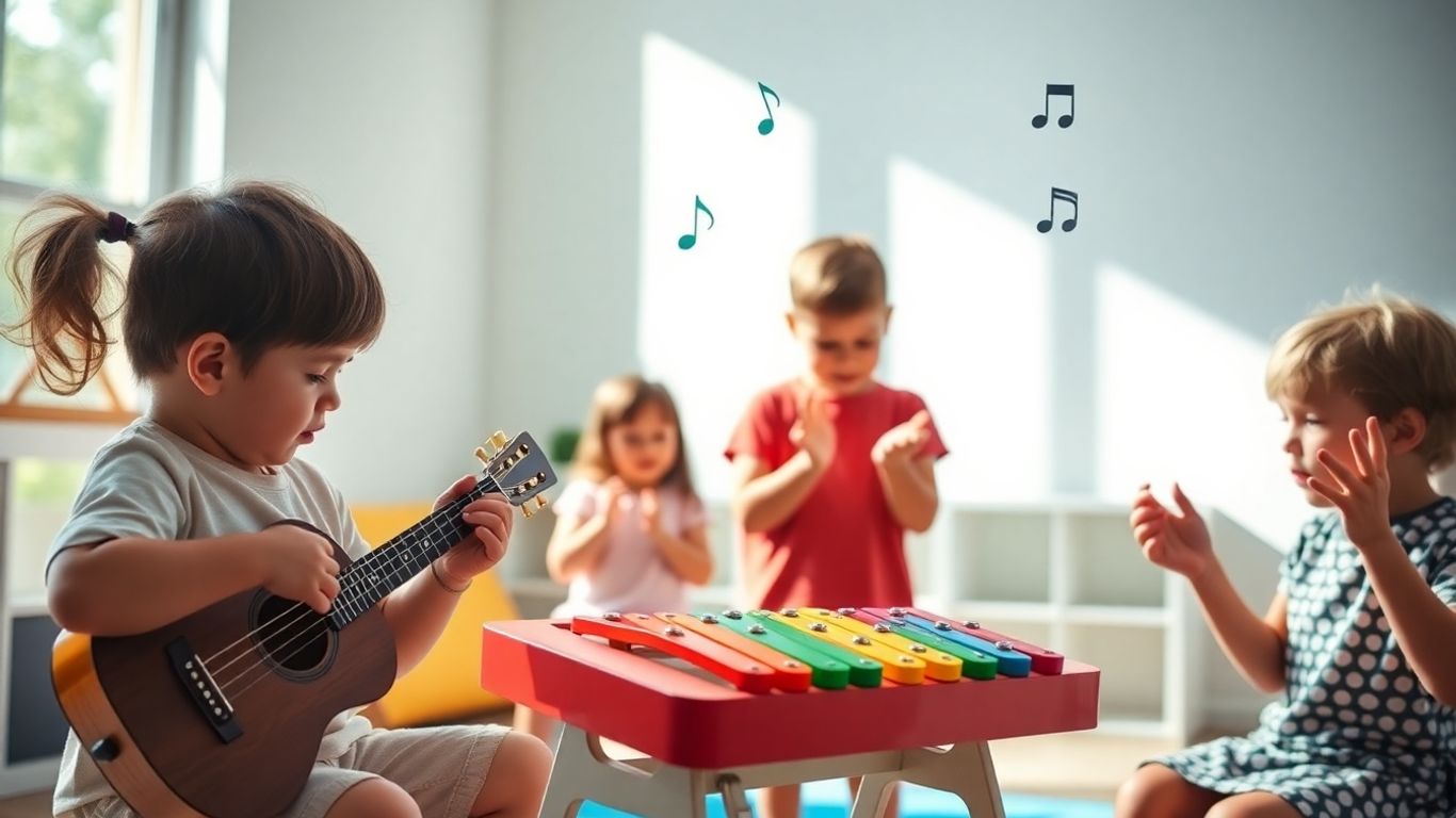 Copii cântând la instrumente muzicale într-o cameră luminoasă.