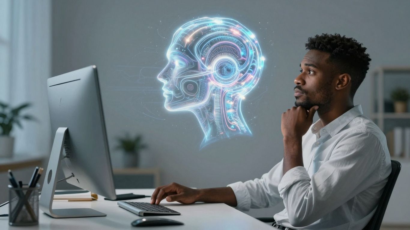 Person interacting with a glowing AI interface.