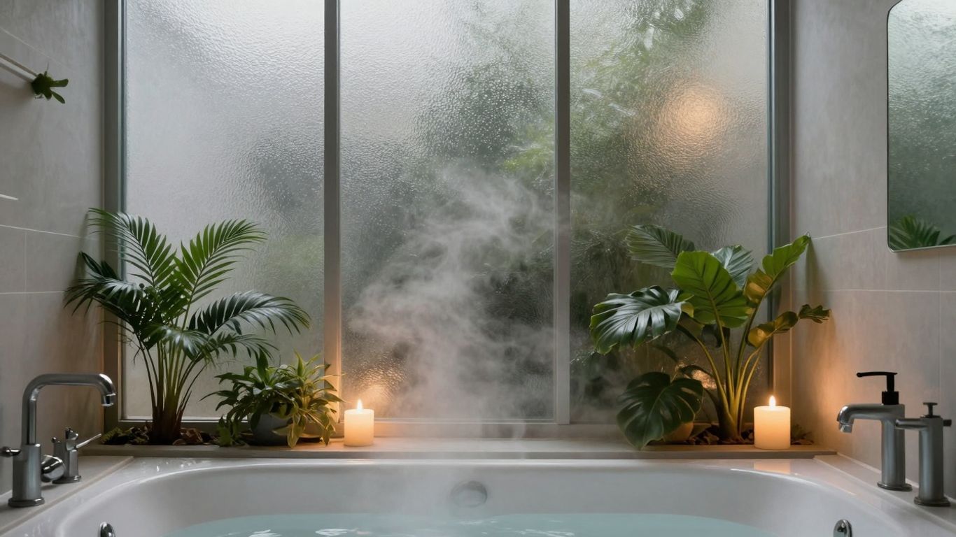 Baie transformată în spa cu lumină caldă și plante.