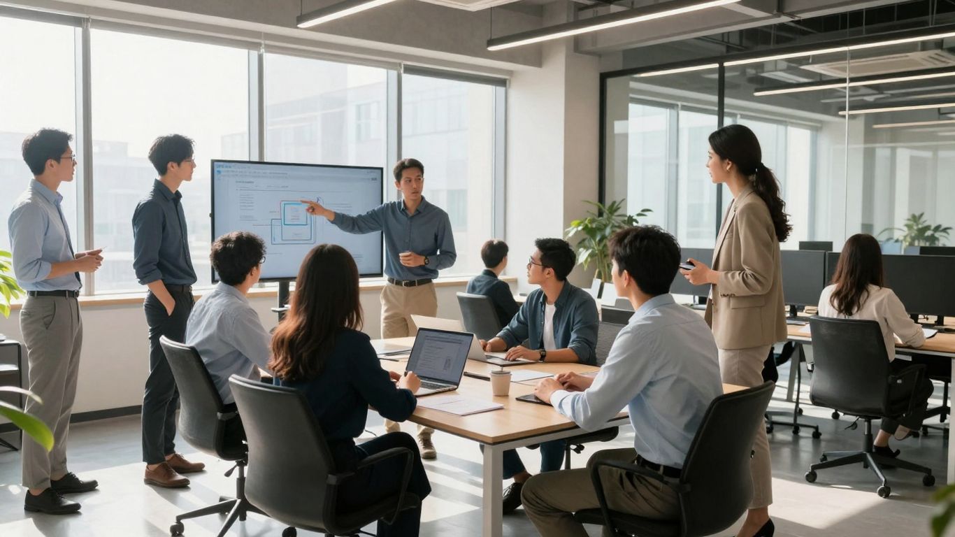 SoFi office with professionals collaborating around a table.