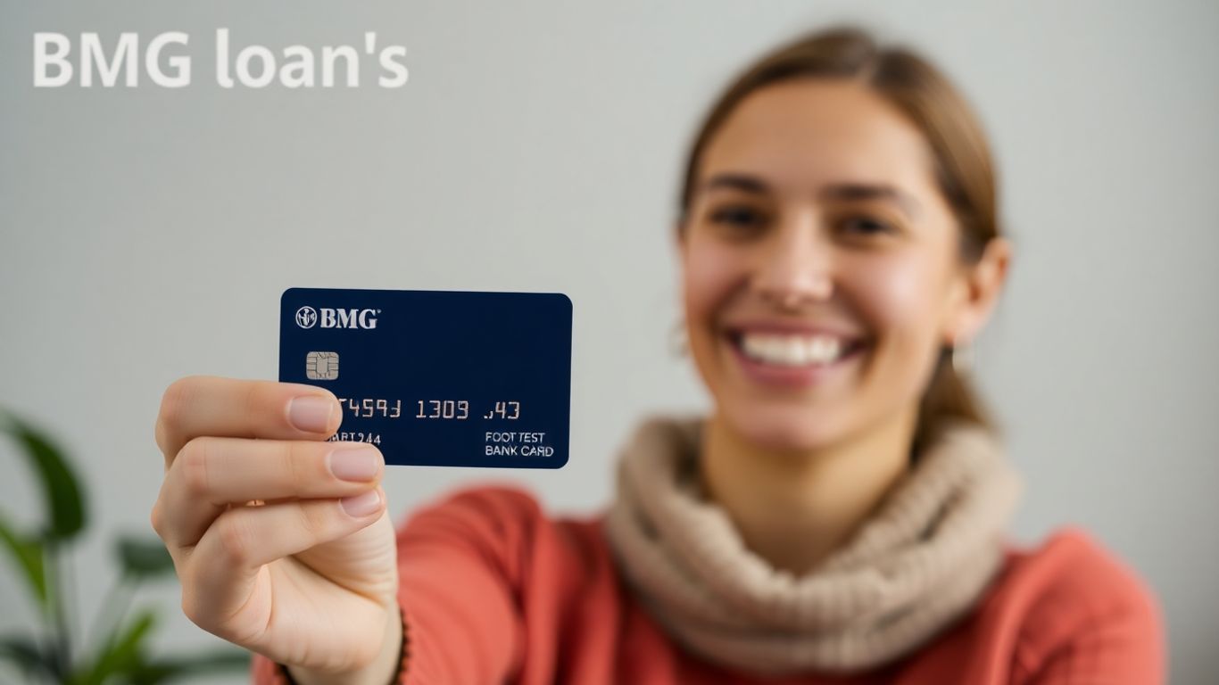 Pessoa feliz com cartão BMG e fundo de crescimento financeiro.