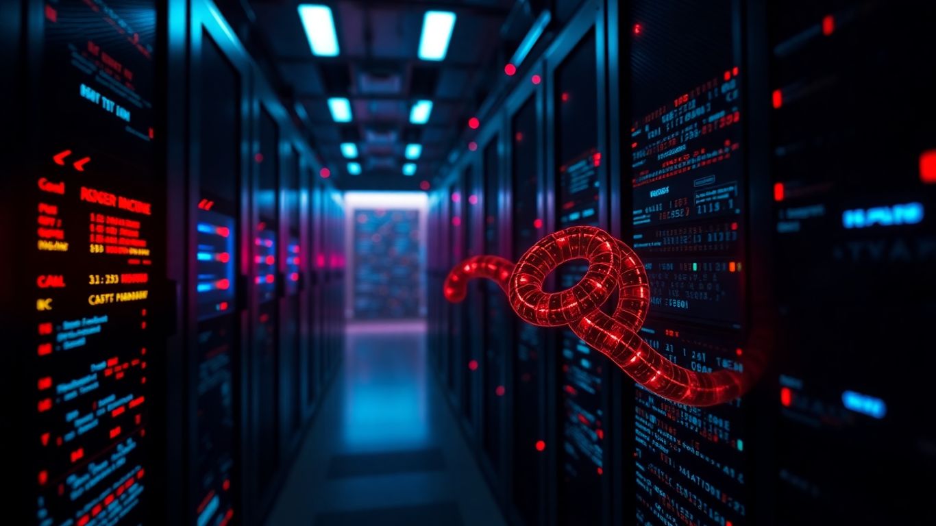 Digital worm in futuristic server room with glowing lights
