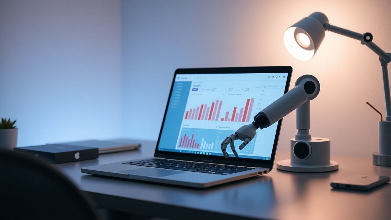 AI robot arm assisting with e-commerce analytics on a laptop.